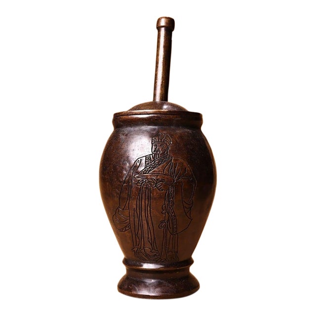 Late 19th Century Bronze Mortar and Pestle With Figural Engraving, 2.4kg For Sale