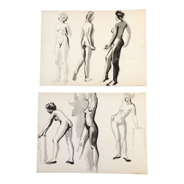 Gallery Wall Collection 2 Vintage Female Nude Watercolor Paintings 1980’s a Pair For Sale
