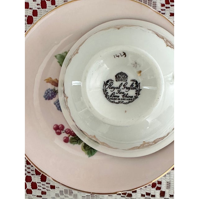1950s Royal Grafton Wide Mouth Teacup Set, Pale Pink With Fruit Interior For Sale - Image 4 of 9