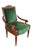 Late 20th Century French Empire Style Upholstered Arm Chair. Made from birch with a high back featuring a scalloped crest...