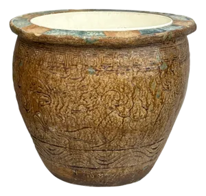 Early 20th Century Brown Glazed Ceramic Planter with Carved Relief Pattern