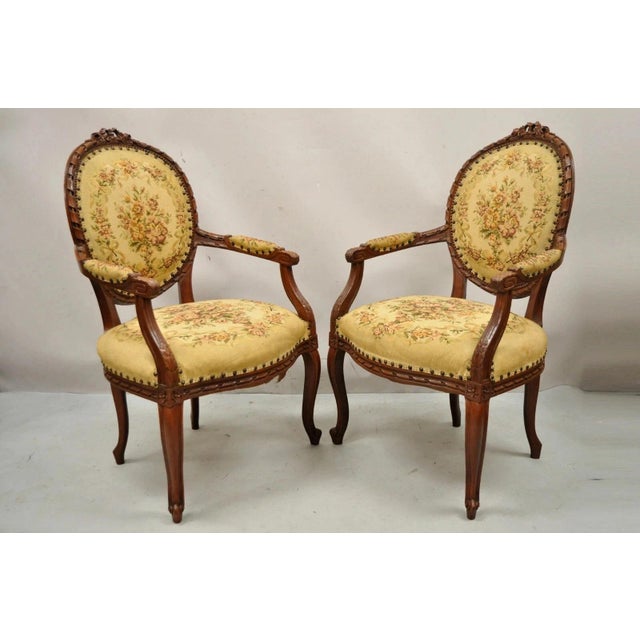Antique French Country Louis XV Victorian Floral Tapestry Arm Chairs - A Pair For Sale - Image 12 of 12