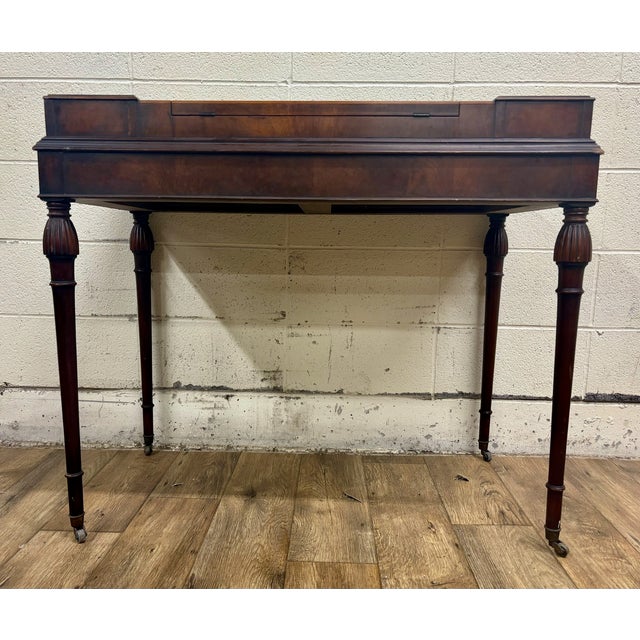 Brown Vintage Georgian Style Office Library Writing Desk With Tooled Green Leather For Sale - Image 8 of 8