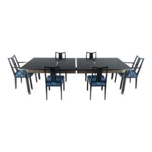 Black Lacquer Gold Ornament Decorated 6 Chairs 2 Leaves Dining Table Set - 7 Piece Set