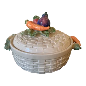 Fitz and Floyd Glazed Ceramic Trompe l'Oeil Woven Basket With Vegetables Casserole Dish
