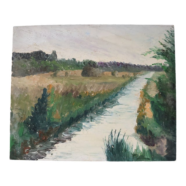 Mid-20th Century French Riverside Painting For Sale