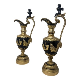 Antique Pair French Bronze Ormolu Ewers Vases Manner of Claude Michel Clodion For Sale