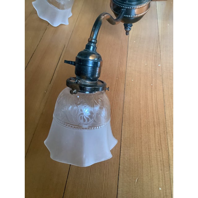 Metal Antique Arts & Crafts Brass 3-Light Chandelier c.1908–1915 | Bryant Sockets | Original Etched Glass Shades For Sale - Image 7 of 7