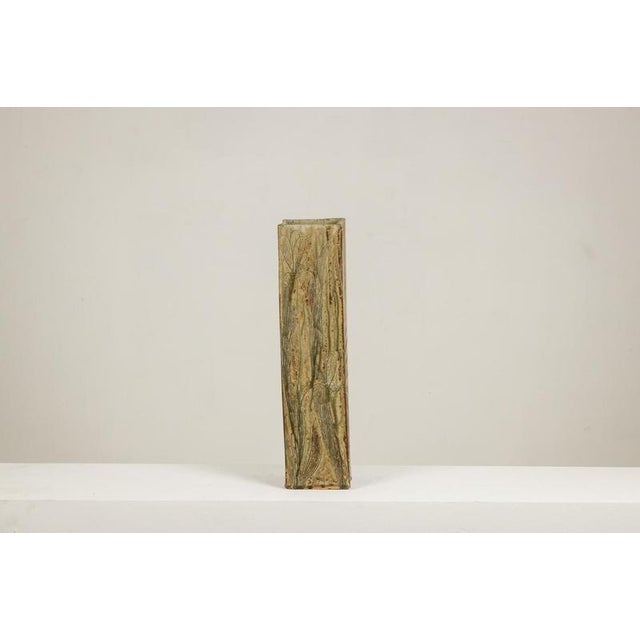 Brutalist-style vase with a square cross-section, made of scarified and glazed stoneware, with plant decoration. Work...