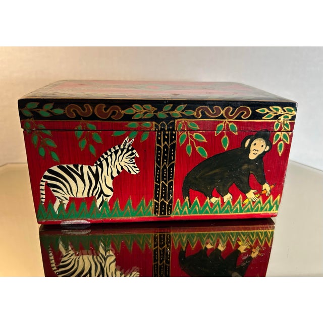 Safari Vintage Wood & Paper Mache Hand Painted Safari Style Dresser Box ~ Monkeys & Zebras For Sale - Image 3 of 8