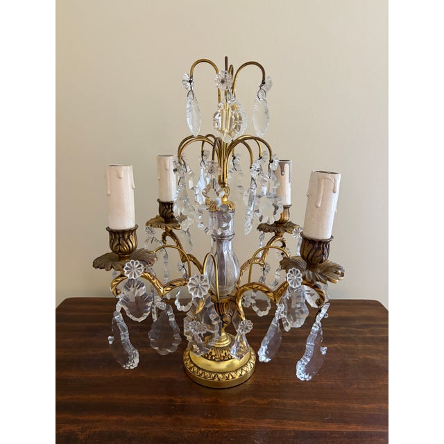 Late 19th Century Antique French Dore Bronze & Crystal Girandole Candelabra Lamps - a Pair For Sale - Image 5 of 13