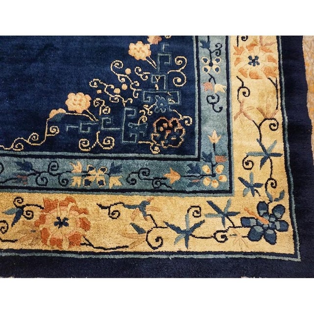 Textile 1930s Navy Blue 4 Pointed Star Medallion Antique Chinese Peking Room Size Rug For Sale - Image 7 of 9