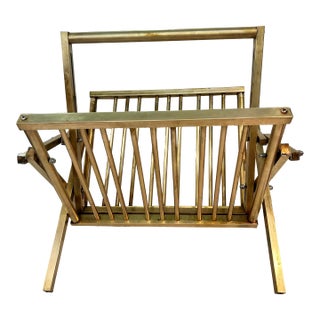 Mid Century Folding Solid Brass Hollywood Regency Magazine Rack For Sale