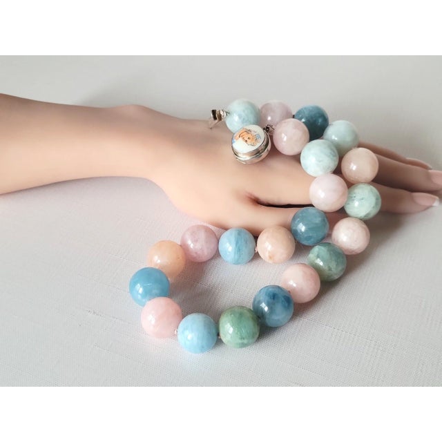 Aquamarine Morganite Beryl Beaded Necklace With Silver Clasp Porcelain Cameo Clasp For Sale - Image 11 of 11