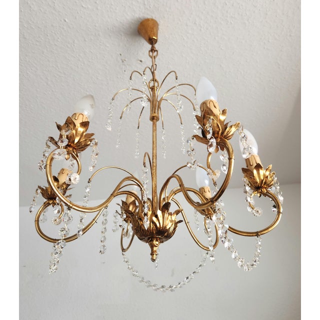 Metal Vintage Hollywood-Regency Gold-Plated Cascade 6-Light Waterfall Chandelier with Crystal Pendants, 1960s For Sale - Image 7 of 18