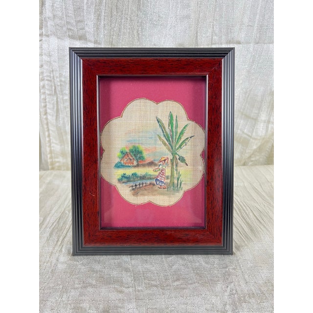 Vintage Tropical Burlap Folk Art Gallery Wall, Set of Six Framed Hand-Painted Village Scenes For Sale In Portland, OR - Image 6 of 12