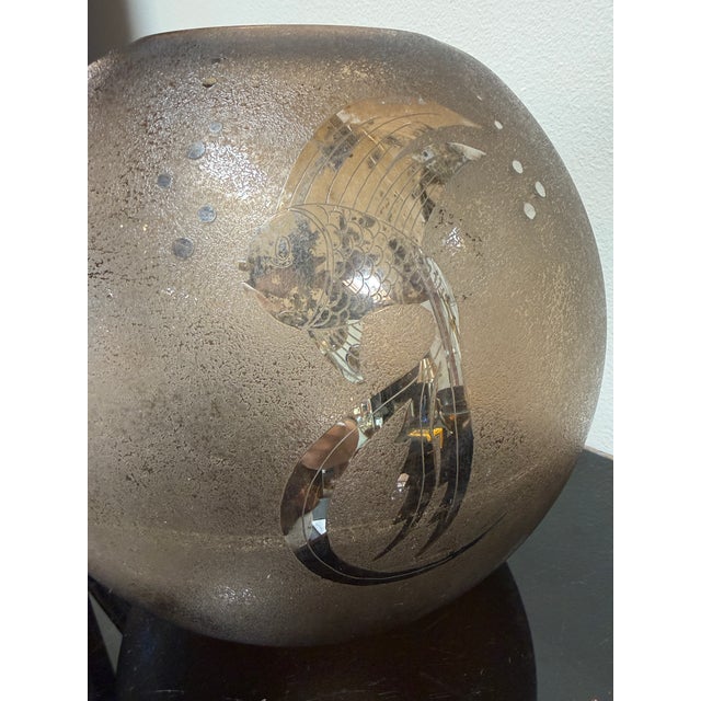 Italian Italian Smoky Murano Glass Vase With Etched Fish Motif, 1970s For Sale - Image 3 of 7