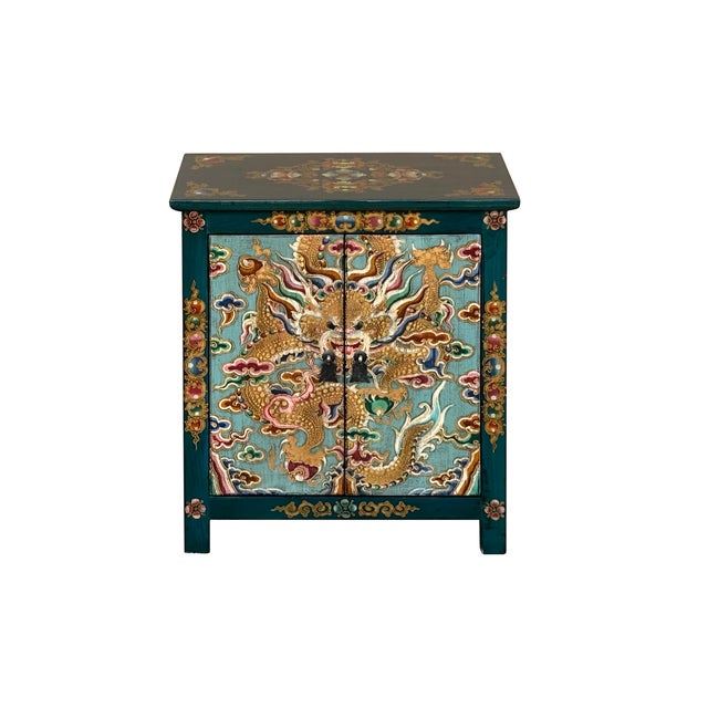 Tibetan Oriental Teal Blue Aqua Dragon Head Graphic End Table Nightstand For Sale - Image 4 of 12