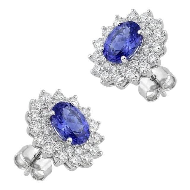 Natural 18k Gold Diamond 1.93ct Blue Sapphire Stud Earrings For Sale