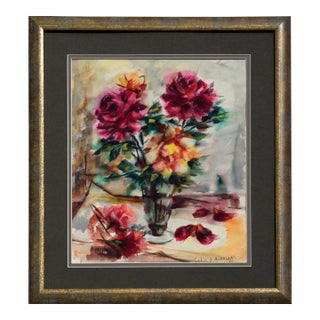 Mid Century Pink Roses Floral Bouquet Still Life Watercolor by Celia B Michelena For Sale