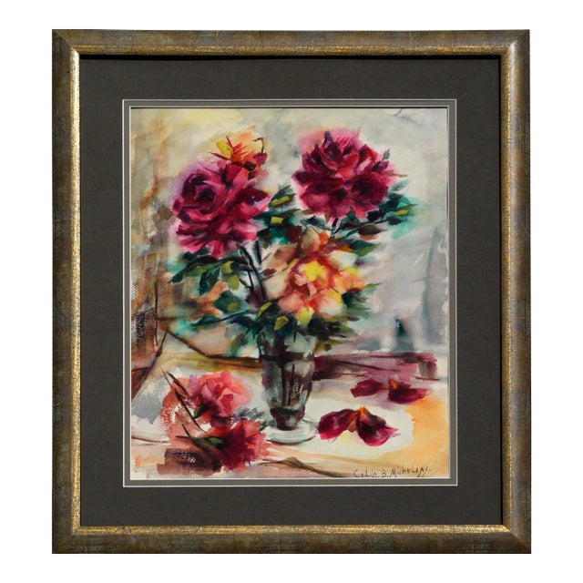 Mid Century Pink Roses Floral Bouquet Still Life Watercolor by Celia B Michelena For Sale