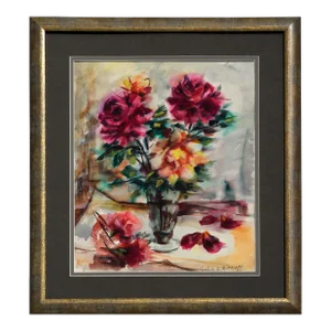 Mid Century Pink Roses Floral Bouquet Still Life Watercolor by Celia B Michelena