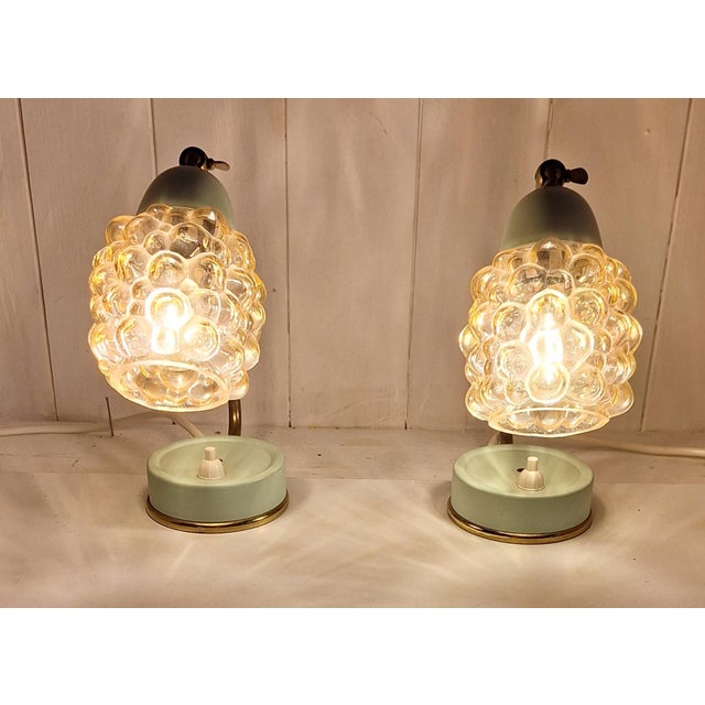 Mid-Century Modern Mid-Century Bedside Lamps with Blue-Green Lacquered Metal Frames, Brass Archs and Amber Bubble Glass Shades, 1960s, Set of 2 For Sale - Image 3 of 12