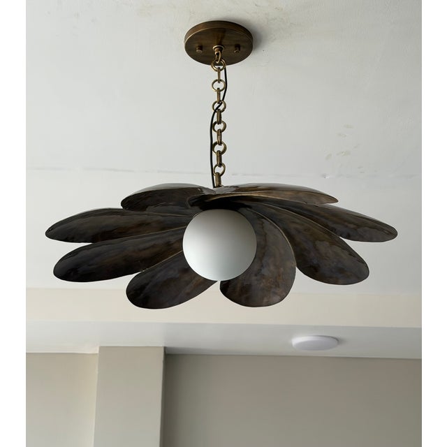 Mid-Century Modern Handmade Black Antique Brass Finish Pendant Light, Floral Metal Ceiling Light, Milk Glass Globe, Vintage Home Decor For Sale - Image 3 of 13