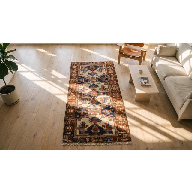 Ivory 1920s Multicolor Geometric Tribal Antique Nw Persian Rug 3'5" X 12'7" Handknotted Wool Carpet For Sale - Image 8 of 10