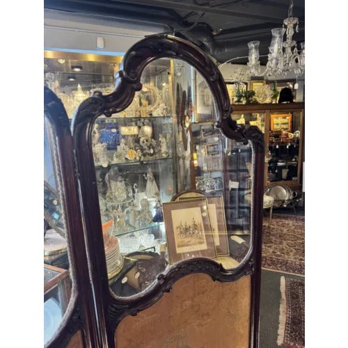 Antique Art Nouveau French Style Three Panel Dressing Screen With 3 Glass Panels For Sale - Image 4 of 11