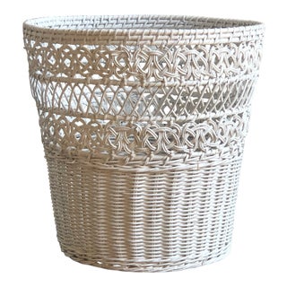 Vintage White Wicker Wastepaper Basket For Sale