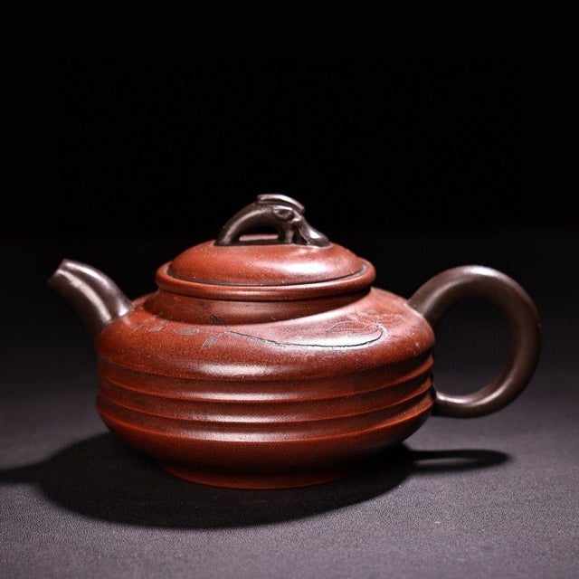 Vintage Chinese Yixing Zisha Clay Teapot, Handmade Red Clay With Carved Motif For Sale In Los Angeles - Image 6 of 9