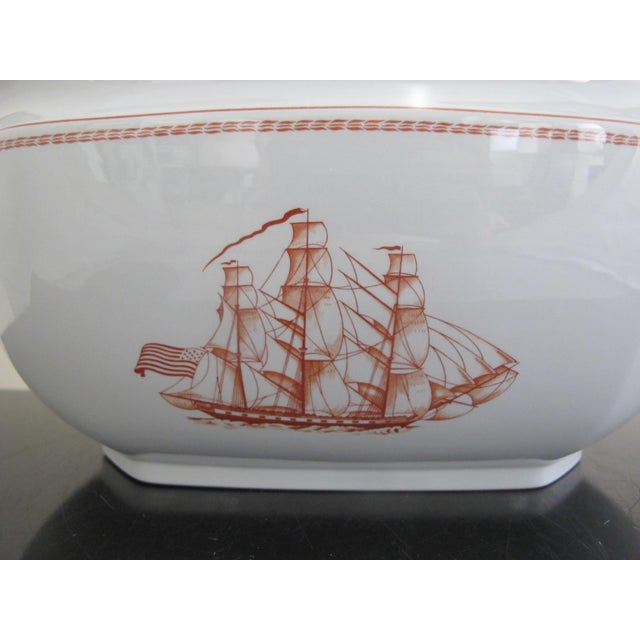 Classic Spode Copeland Trade Winds tureen with red ship design and gold gilt trim. Measures 14" x 8 1/2" x 7" tall. Base...