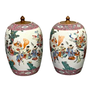 Maitland Smith Famille Rose Lidded Chinese White Porcelain Ginger Jars With Figures & Birds, a Pair