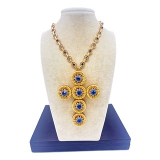 Vintage Alexis Kirk Style Faceted Blue Sunburst Necklace W/ Original Chain Set For Sale