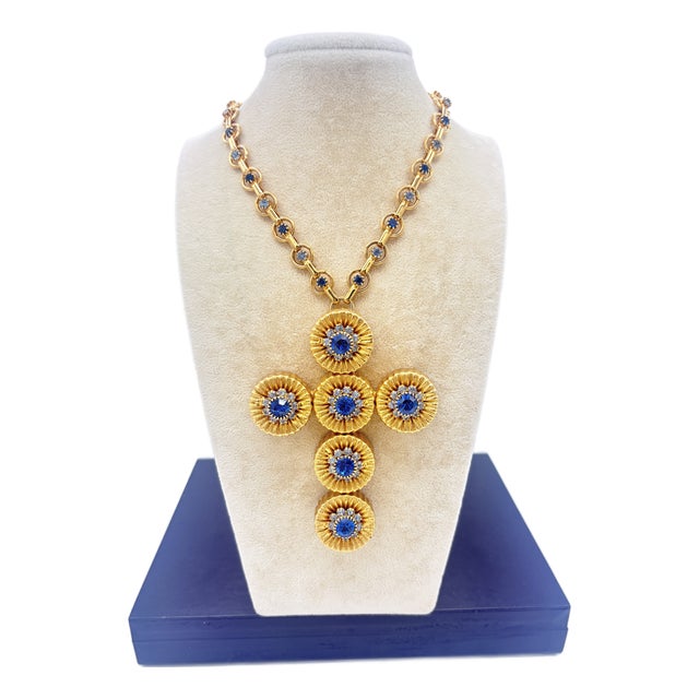 Vintage Alexis Kirk Style Faceted Blue Sunburst Necklace W/ Original Chain Set For Sale
