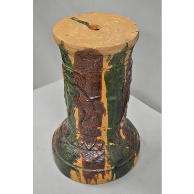 Antique Majolica Terracotta Red Green Drip Glaze Figural Plant Stand Pedestal For Sale - Image 12 of 12