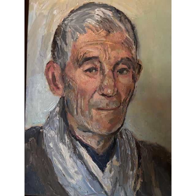 An evocative mid-century portrait oil painting depicting a gentleman rendered in an expressive, heavily textured impasto...