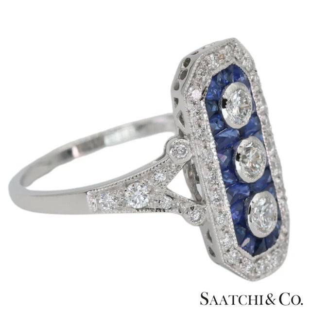 Art Deco Platinum (950) Natural Diamond and Natural Sapphire Elegant Ring For Sale - Image 3 of 11
