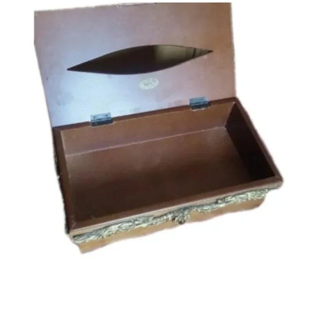 2020s Traditional Country Rustic Elegant Box: Solid Wood, Hinged Lid, Gold Tone Trim, Scalloped Walnut Ornamental Facial Tissue Napkin Holder Decor For Sale - Image 5 of 10