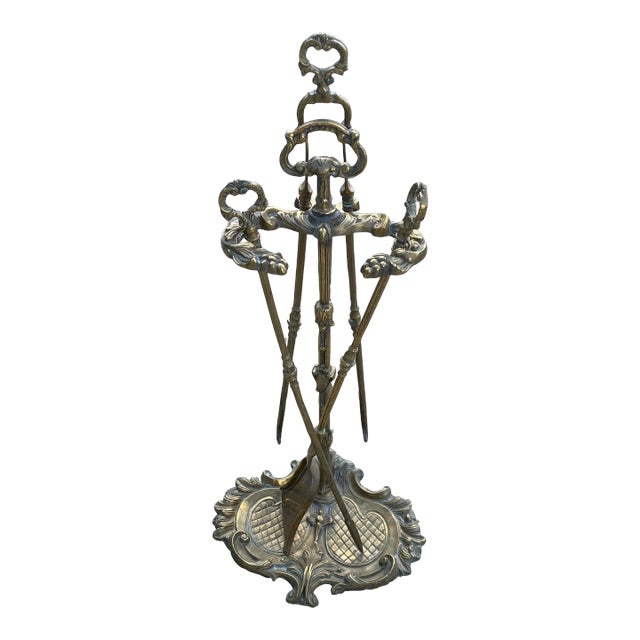 Antique Brass Fireplace Tools Set, Companion Set- 4 Pieces For Sale