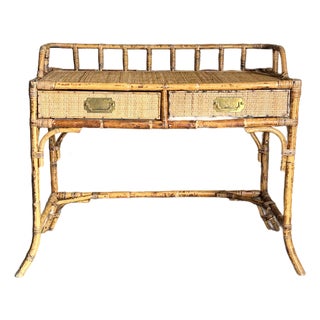 1980s British Colonial Style Burnt Bamboo and Cane Desk/ Vanity For Sale