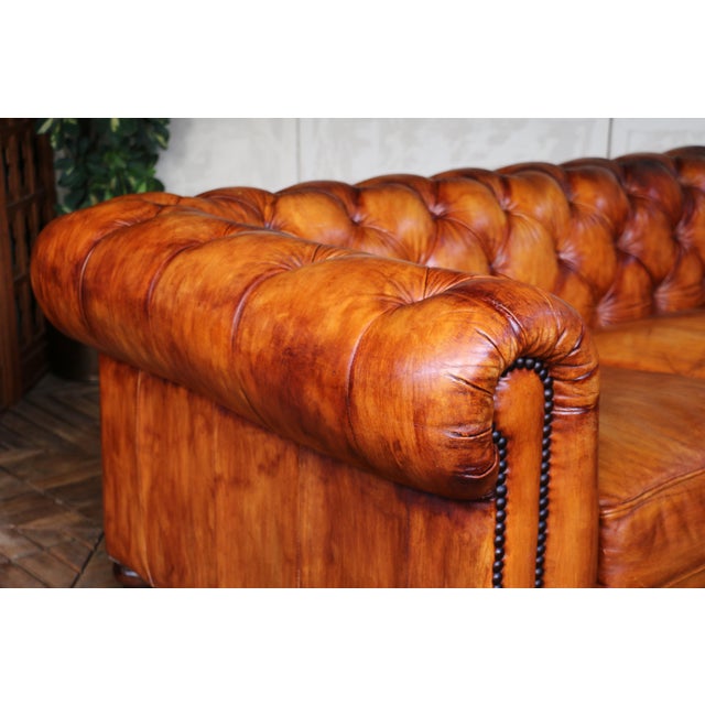 Wood Vintage Chesterfield Brown Leather Sofa, 1980s For Sale - Image 7 of 18