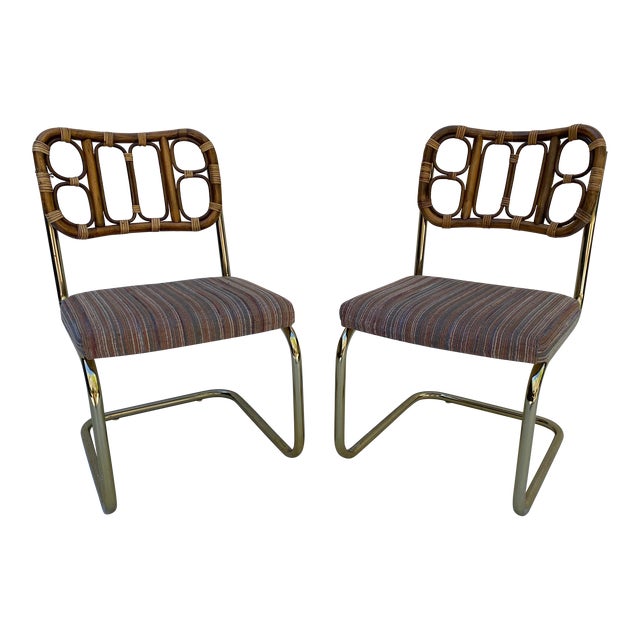 1980s Rattan and Brass Cantilever Chairs - a Pair For Sale