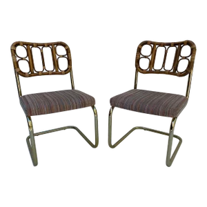 1980s Rattan and Brass Cantilever Chairs - a Pair
