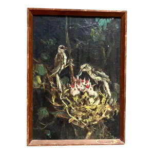 Mid 20th Century Painting Bird Chicks Still Life Impressionist Oil Canvas