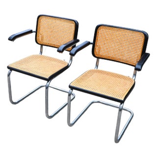 Vintage Marcel Breuer Cesca Style Arm Chairs in Black and Ratan, Pair For Sale