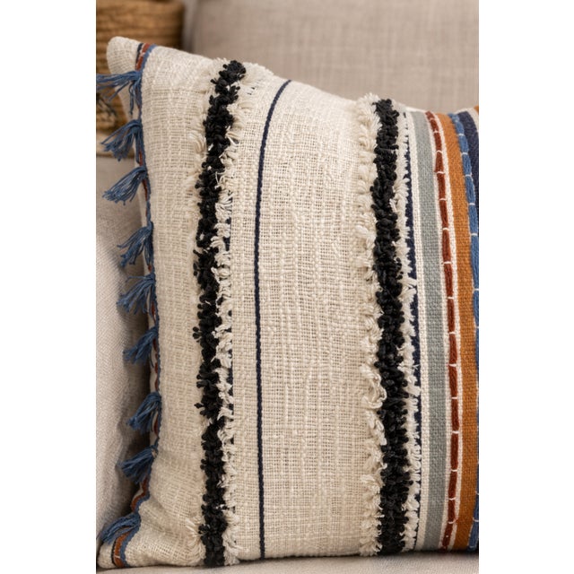Rustic Boho Textured Striped Cushion Cover With Fringe & Tassels | Handwoven Embroidered Cushion Cover | Neutral Rustic Decor | 50 X 50 Cm Set of 2 For Sale - Image 3 of 4