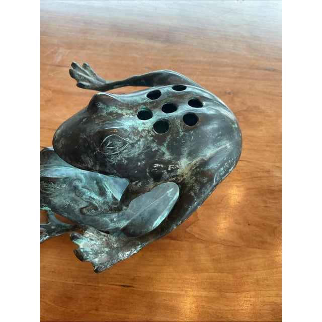 Figurative Vintage Solid Brass Frog Flower Frog Sculpture Verdigris Heavy 2lb 5" Tall For Sale - Image 3 of 5
