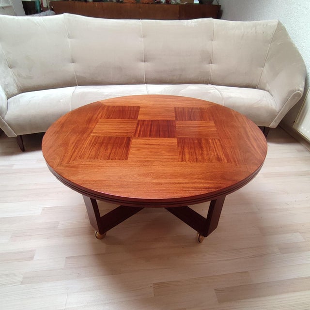 Brown Marquetry Top Round Coffee Table with Castors from Möbelfabriks Ab Carlsson & Co., Sweden, 1970s For Sale - Image 8 of 18